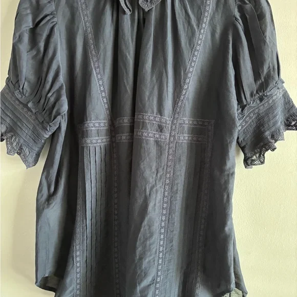 Zadig & Voltaire Tupel Embroidered Pleated Puff Sleeve top, small, navy blue. - Picture 5 of 7